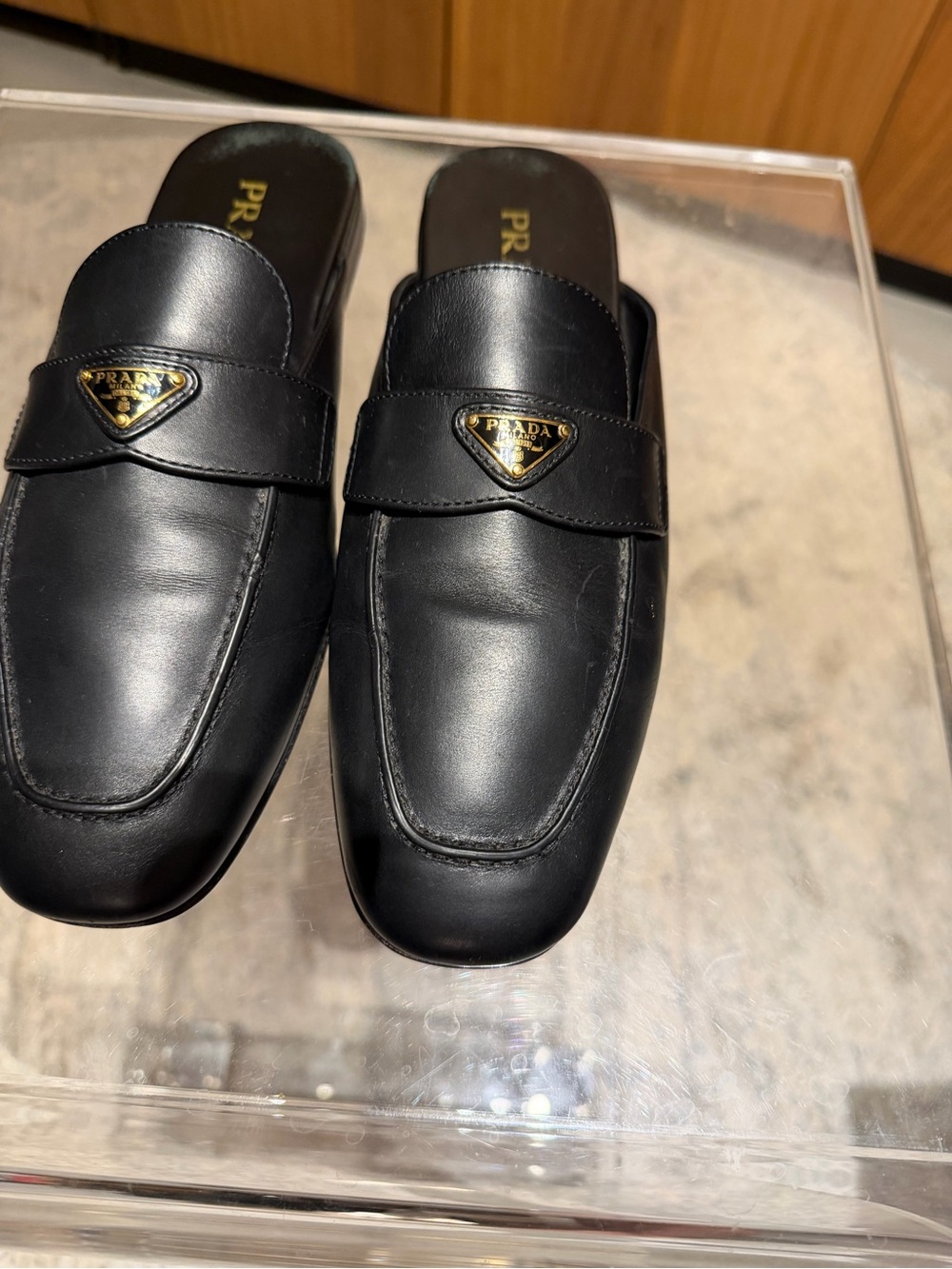 Prada Black Leather Backless Loafer Mule with Gold Triangle Hardware - Picture 6 of 13